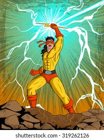 Retro style comics Superhero showing is power strength in vector