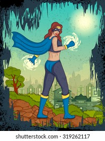 Retro style comics Superwoman showing power and strength