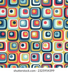 Retro style composition with concentric squares on a yellow background. Multicolor geometric shapes in blue, red, and white. Vintage design. Seamless repeating pattern. Vector illustration.