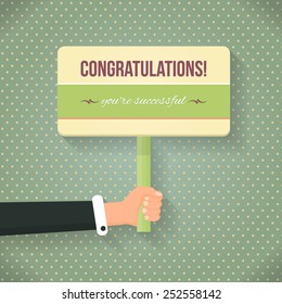 Retro Style Congratulations Lettering Signboard Hold Hand Flat Vector Design