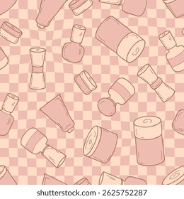Retro style cosmetic jars seamless pattern on checkered background. Perfect print for label, sale, card, textile. Hand drawn vector illustration.