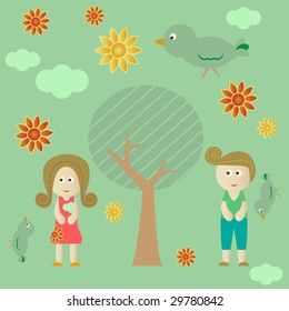 Retro style couple background with tree, sun, clouds, flowers and birds