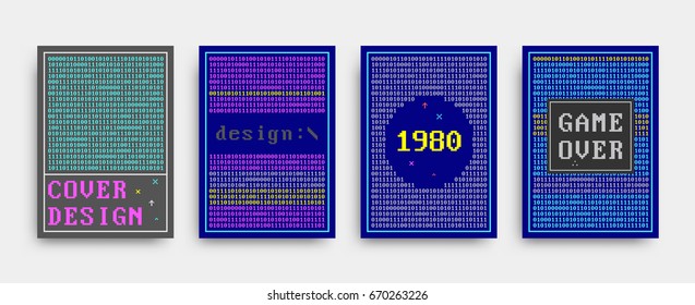 Retro style covers templates set. Futuristic, pixels and memphis patterns and elements for posters, placards, banners, flyers or brochures designs. Vector illustrations.