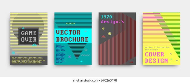 Retro style covers templates set. Futuristic, pixels and memphis patterns and elements for posters, placards, banners, flyers or brochures designs. Vector illustrations.