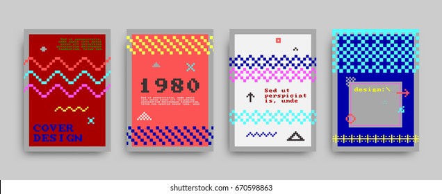 Retro style covers templates set. Futuristic, pixels and memphis patterns and elements for posters, placards, banners, flyers or brochures designs. Vector illustrations.
