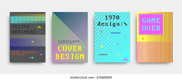 El estilo retro cubre las plantillas establecidas. Futuristas, píxeles y memphis patrones y elementos para afiches, carteles, pancartas, volantes o folletos. Ilustraciones vectoriales.