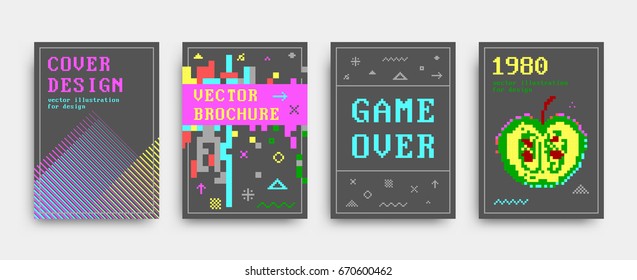 El estilo retro cubre las plantillas establecidas. Futuristas, píxeles y memphis patrones y elementos para afiches, carteles, pancartas, volantes o folletos. Ilustraciones vectoriales.