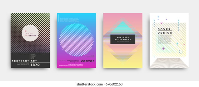 Retro style covers templates set. Futuristic, pixels and memphis patterns and elements for posters, placards, banners, flyers or brochures designs. Vector illustrations.