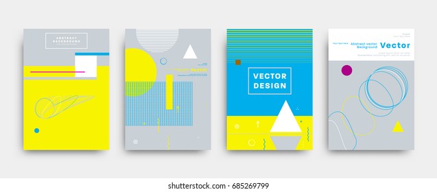 Retro style covers templates set. Futuristic, pixels and memphis patterns and elements for posters, placards, banners, flyers or brochures designs. Vector illustrations.