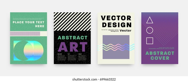Retro style covers templates set. Futuristic, pixels and memphis patterns and elements for posters, placards, banners, flyers or brochures designs. Vector illustrations.