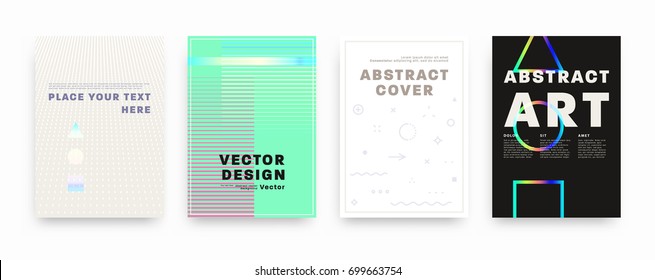 Retro style covers templates set. Futuristic, pixels and memphis patterns and elements for posters, placards, banners, flyers or brochures designs. Vector illustrations.