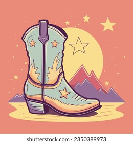 Retro style Cowboy boots with stars vector illustartion on colorful mountain background. Wild Western, Cowgirl concept. Trendy hand drawn style. For poster, logo, banner.