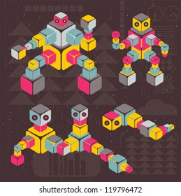 Retro style cube robots. Vector cute illustration.