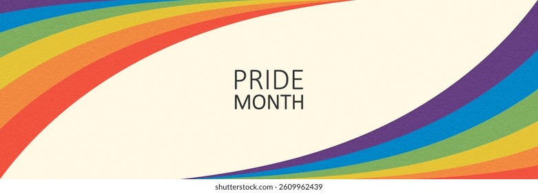 Retro style curved rainbow stripes Banner with soft grainy texture. Template for LGBTQ themes, web header, promotional materials, Pride events, posters, banners, social media, inclusive branding