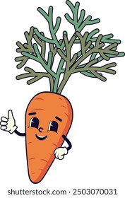 Retro style cute cartoon carrot with green leaves and funny face icon illustration. 
