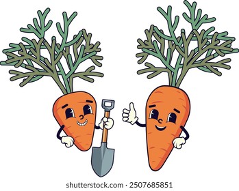 Retro style cute cartoon carrot with green leaves and funny face icon illustration. Two carrots, small holding shovel and big one, cartoon gestures.