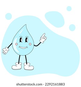Estilo retro lindo gota de personaje de agua, mantener el concepto hidratado, espacio de copia, vector