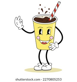 Retro style cute soft soda drink cartoon character with a straw, eyes, legs and arms, vector