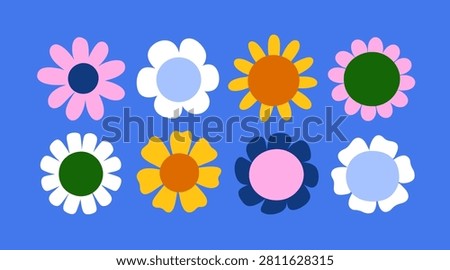 Retro style daisy flowers set. Vintage floral blooms with bright petals, top view. Simple blossoms, chamomiles. Summer nature decorations, design elements. Isolated flat vector illustrations.
