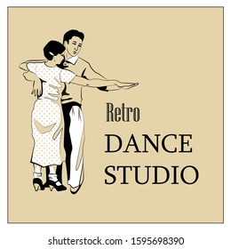 retro style dancing couple in 50th dresses vector graphic black and white with biege colors with text for invitation