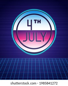 Estilo retro Calendario del día con icono de fecha 4 de julio aislado paisaje futurista de fondo. Día de la Independencia de Estados Unidos. 4 de julio. Fiesta de moda de los años 80. Vector