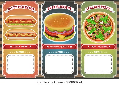 Retro style delicious burger, pizza and hot dog cafe menu. Vector illustration can be used for food menu or posters design, prints, web and other crafts.