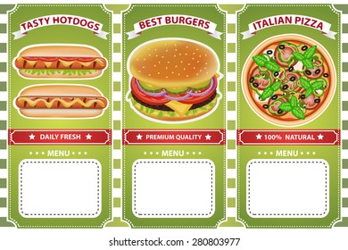 Retro style delicious burger, pizza and hot dog cafe menu. Vector illustration can be used for food menu or posters design, prints, web and other crafts.