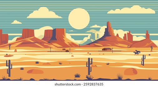 Retro style desert landscape featuring bright sunshine, rocky mountains, desert vegetation, ranches and horses