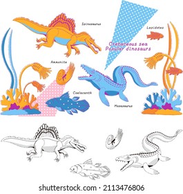 Retro style design and line drawing of popular dinosaurs in the Cretaceous sea.