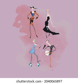 retro style design set fashion lady sketch