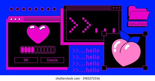 Retro style desktop with message boxes, terminal console window and user interface elements.