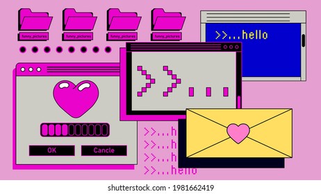 Retro style desktop with message boxes, terminal console window and user interface elements.