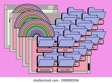 Retro style desktop with message boxes, terminal console window and user interface elements.