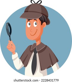 
Retro Style Detective Man Holding a Magnifying Glass Vector Cartoon. Happy inspector checking for clues and solving a mystery 
