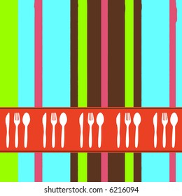Retro style dinner invitation with spoon, knife and fork and painted stripes