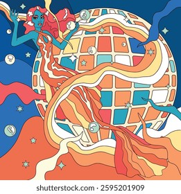 retro style, disco dance illustration, bright vibrant colors, dancing woman, mermaid, summer art	