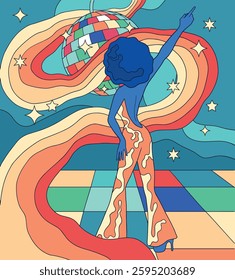 retro style, disco dance illustration, bright vibrant colors, dancing woman	