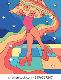 retro style, disco dance illustration, bright vibrant colors, dancing legs