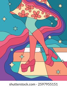 retro style, disco dance illustration, bright vibrant colors, dancing legs	