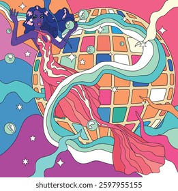 retro style, disco dance illustration, bright vibrant colors, dancing woman, mermaid, summer art	