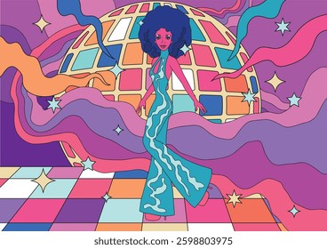 retro style, disco dance illustration, bright vibrant colors, dancing woman	