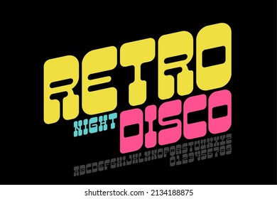 Retro style Disco Night font, vintage design alphabet letters and numbers vector illustration