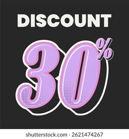 Estilo retro Cartaz de desconto com negrito rosa 30% tipografia no fundo preto para promoção de venda
