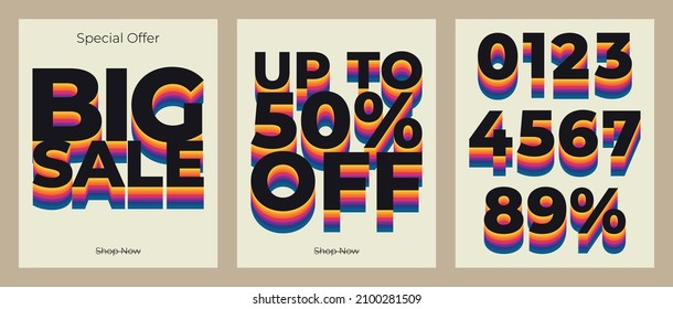 Retro style discount set designed with colorful layered letters and numbers.