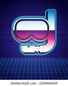 Retro style Diving mask and snorkel icon isolated futuristic landscape background. Extreme sport. Diving underwater equipment. 80s fashion party. Vector
