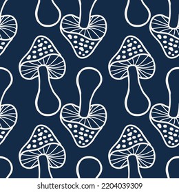 Retro style doodle agaric mushrooms seamless pattern. Perfect print for tee, paper, fabric, textile. Vintage style vector illustration for decor and design.