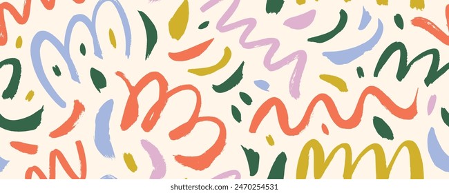 Retro-Stil Doodle Linien nahtloses Banner-Design. Handgezeichnete Kreide kindliche Zeichnung, bunte Konfetti nahtlose Muster. Abstrakter geometrischer dekorativer Hintergrund mit unordentlichen Kritzeleien und Schnörkeln.