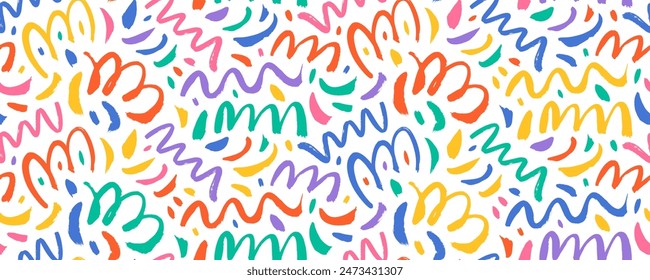Retro style doodle lines seamless banner design. Hand drawn crayon childish drawing, colorful confetti seamless pattern. Abstract geometric decorative background with messy doodles and squiggles.