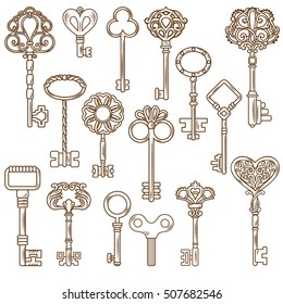 Retro style door and clock keys with outline and decorative pattern isolated on blank background flat vector illustration