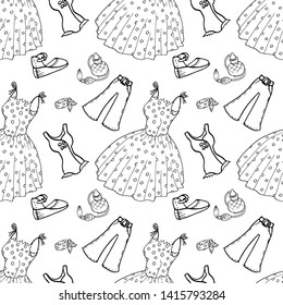 Retro style dress seamless pattern black outline on white background